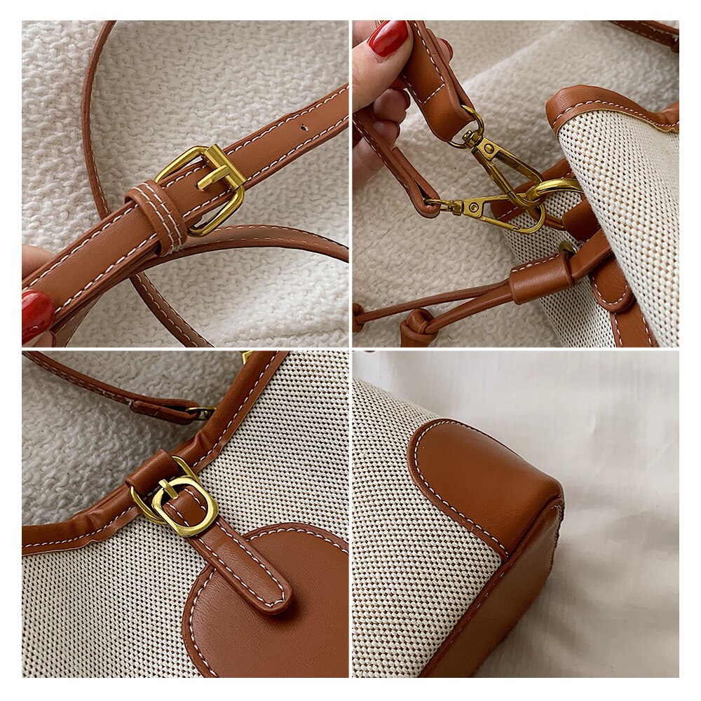 Vintage Simple Patchwork Canvas Bucket Crossbody Bag