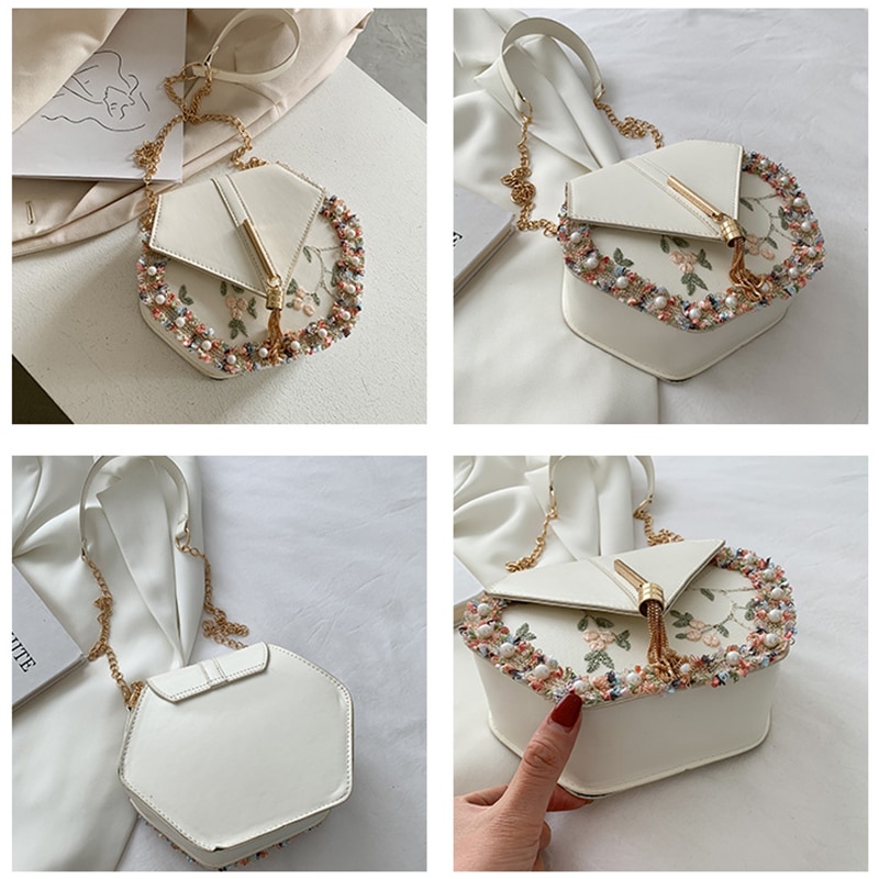 Chain Tassel Pearl Lace Crossbody Bag