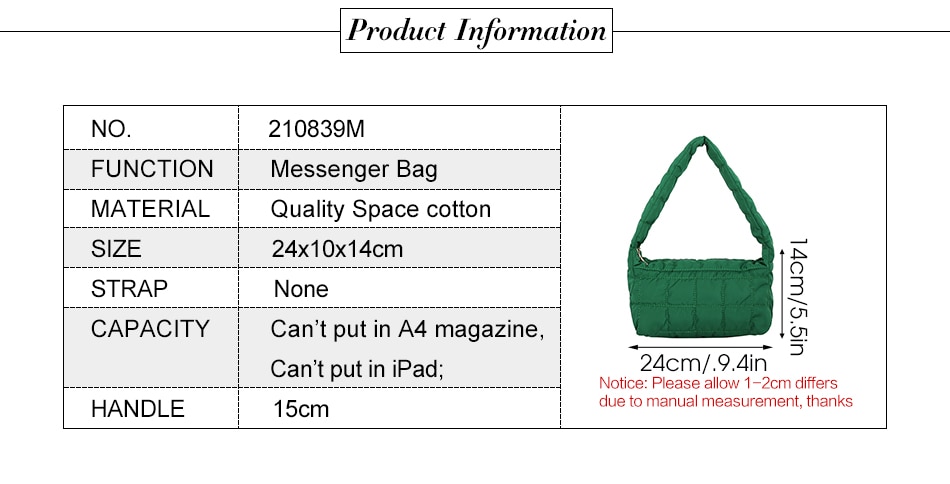 Space Pad Cotton Women Shoulder Baguette Shape Bag