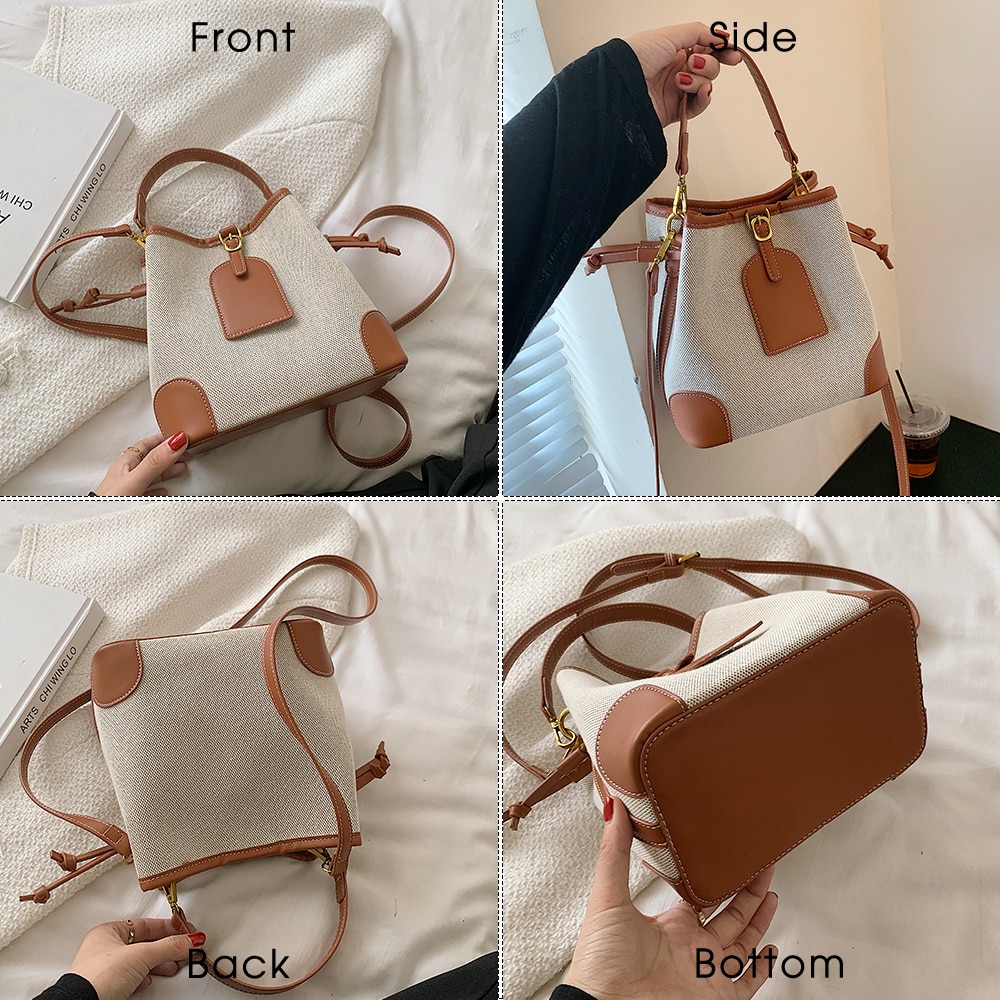 Vintage Simple Patchwork Canvas Bucket Crossbody Bag