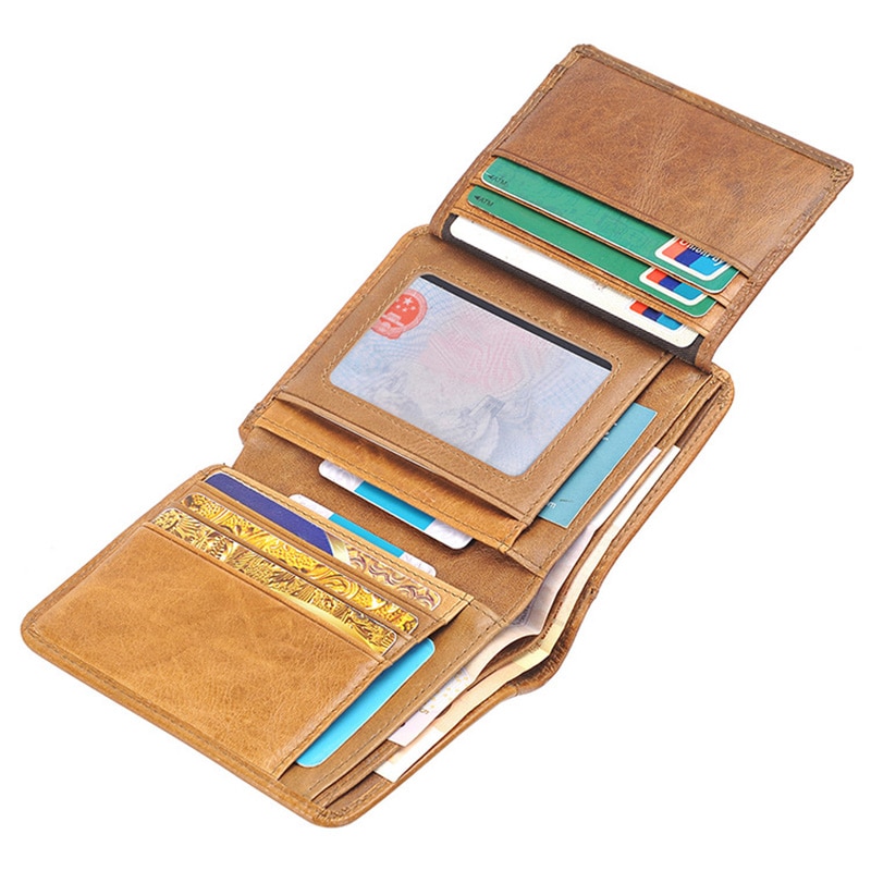 Genuine Leather Men Short Trifold Wallet