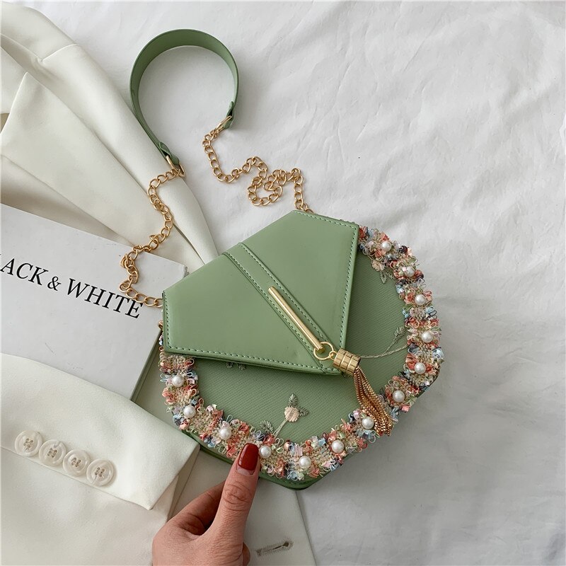 Chain Tassel Pearl Lace Crossbody Bag